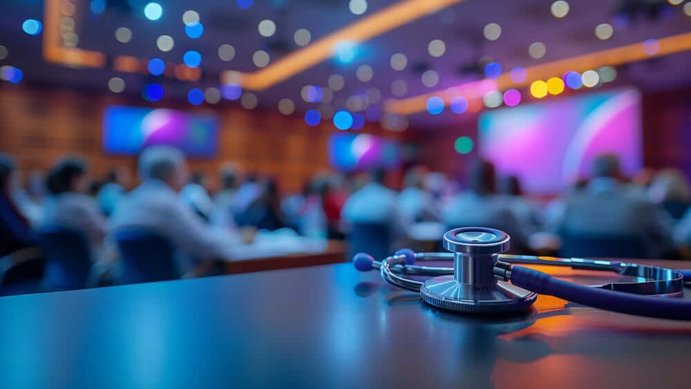 Close up of stethoscope on the background of conference room full of doctors and medical personal watching the medical presentation. Media credits: © Elena / Generated with AI / Stock.adobe.com
